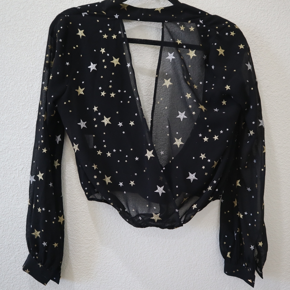 Lovers + Friends Black Sheer Blouse W Gold Glittery Stars Wrap Front Cutout Back